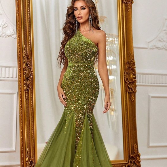 Olive Preppy Womens One Shoulder Sequin Formal Dress - Picture 5 of 5